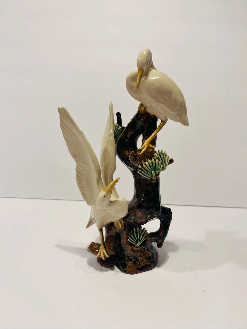 Antique Chinese Glazed Porcelain Figurine With 2 Cranes on Tree 9.25”
